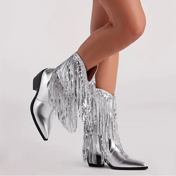 New Fringe Shiny Silver Cowboy Cowgirl Boots Metallic Pointed Toe Tassel Heel - Picture 2 of 16